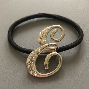 Silver Rhinestone E Initial Hair Tie Ponytail Holder NWOT